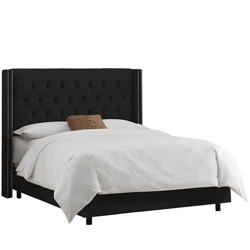 Velvet Black Diamond Tufted Wingback Queen Bed