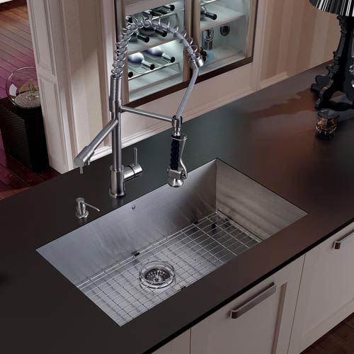 Vigo All In One 32 Inch Ludlow Stainless Steel Undermount Kitchen Sink Set With Zurich Faucet In Stainless Steel Grid Strainer And Soap Dispenser