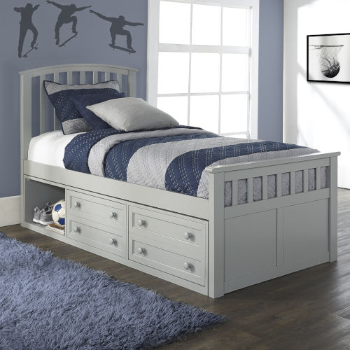 grey twin bed with storage