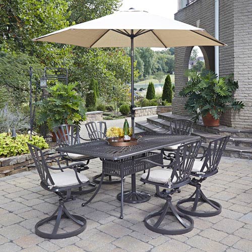 Home Styles Furniture Largo Taupe 71 75 X 42 25 Inch 7 Piece Outdoor Dining Set With Umbrella And Cushions 5561 3756c Bellacor