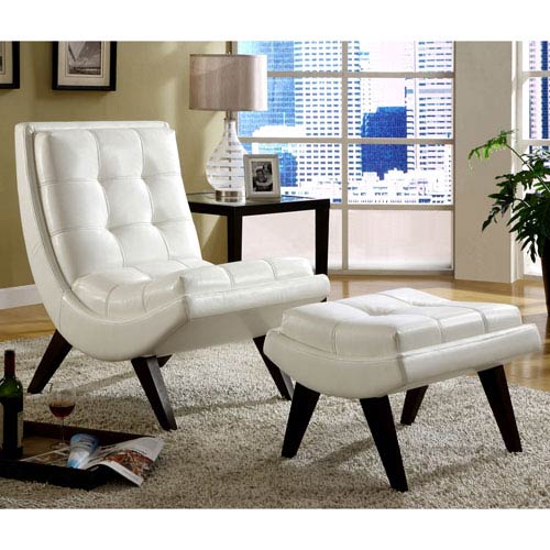 White Faux Leather Lounge Chair With Ottoman