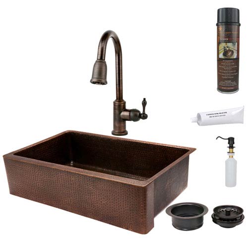 Stainless Steel Farmhouse Sink With Black Faucet 35 inch hammered copper apron single bowl kitchen sink with pull down faucet