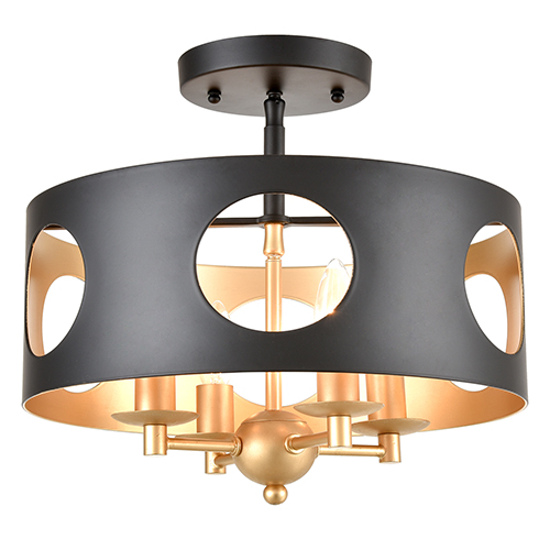 Delilah Matte Black And Antique Gold Four Light Semi Flush Mount